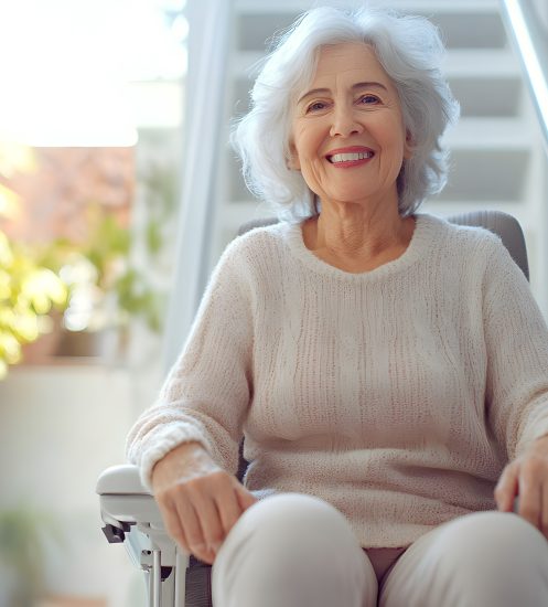 Happy older woman sitting on stair lift with copy space