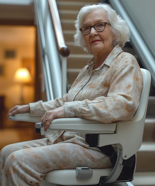 A pensioner rides a stair lift up a flight of stairs, AI generated